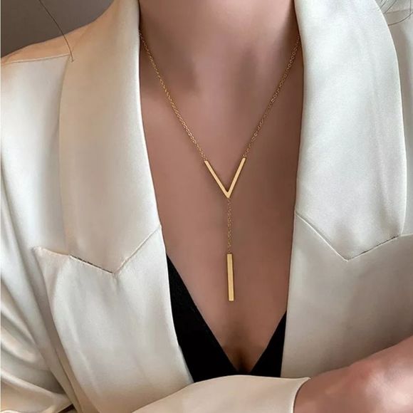 Jewelry - 2/$25 Gold Drop Bar Pendant Long Statement Necklace